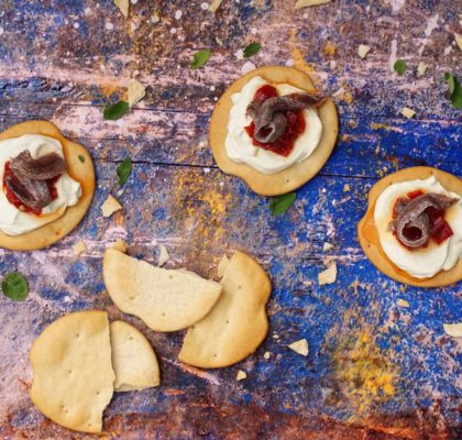 Christmas canapé of anchovy, cheese and candied pepper. Fast and easy